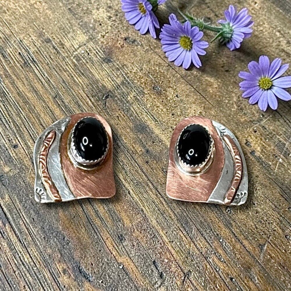 Vintage Lazaro G Handcrafted Copper, Sterling Silver, Onyx Earrings